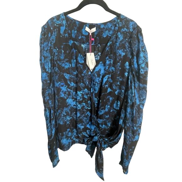 NWT Parker NYC Silk Wrap Blouse M‎ Teal Black Rainstorm Artsy Quiet Luxury - Picture 1 of 7